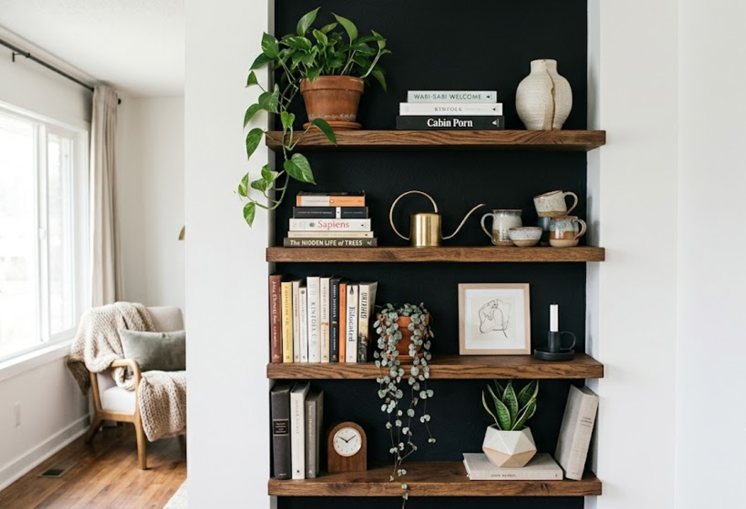 Black Feature Wall Behind Open Shelving