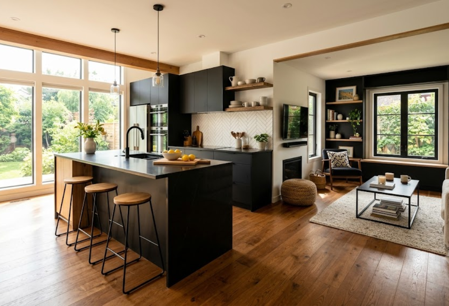 Black Kitchen-Adjacent Living Room Flow