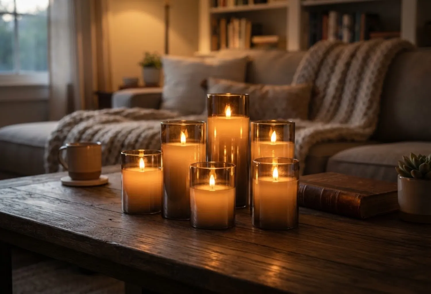Flickering Candles in Amber Glass