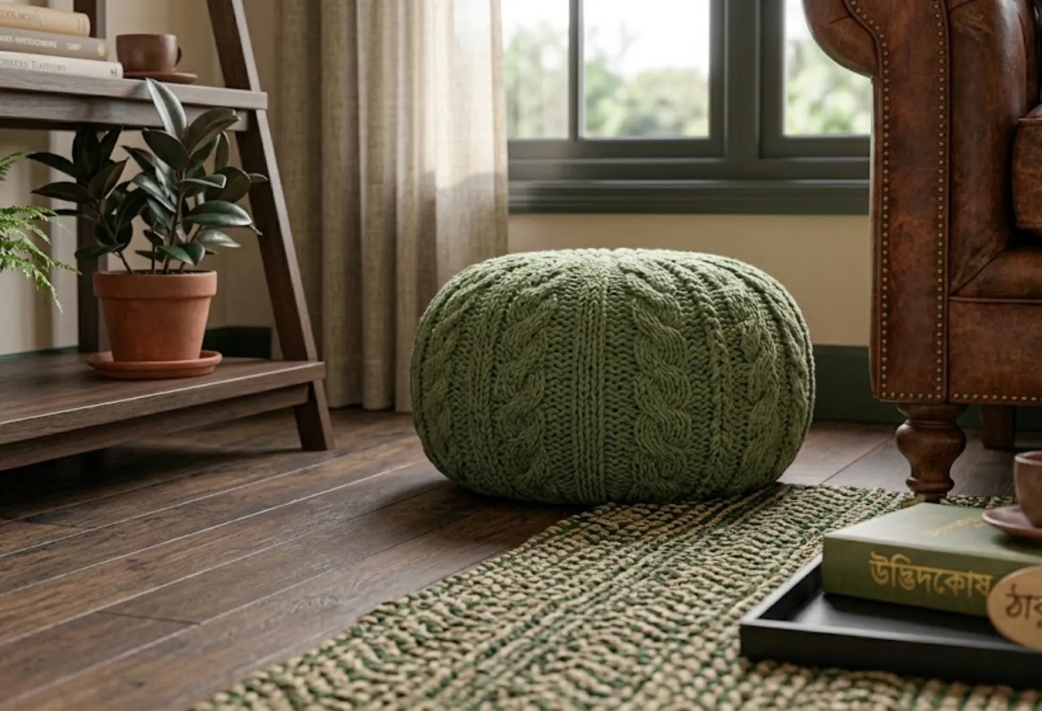 Incorporate Green Through Textured Throw Rugs and Poufs