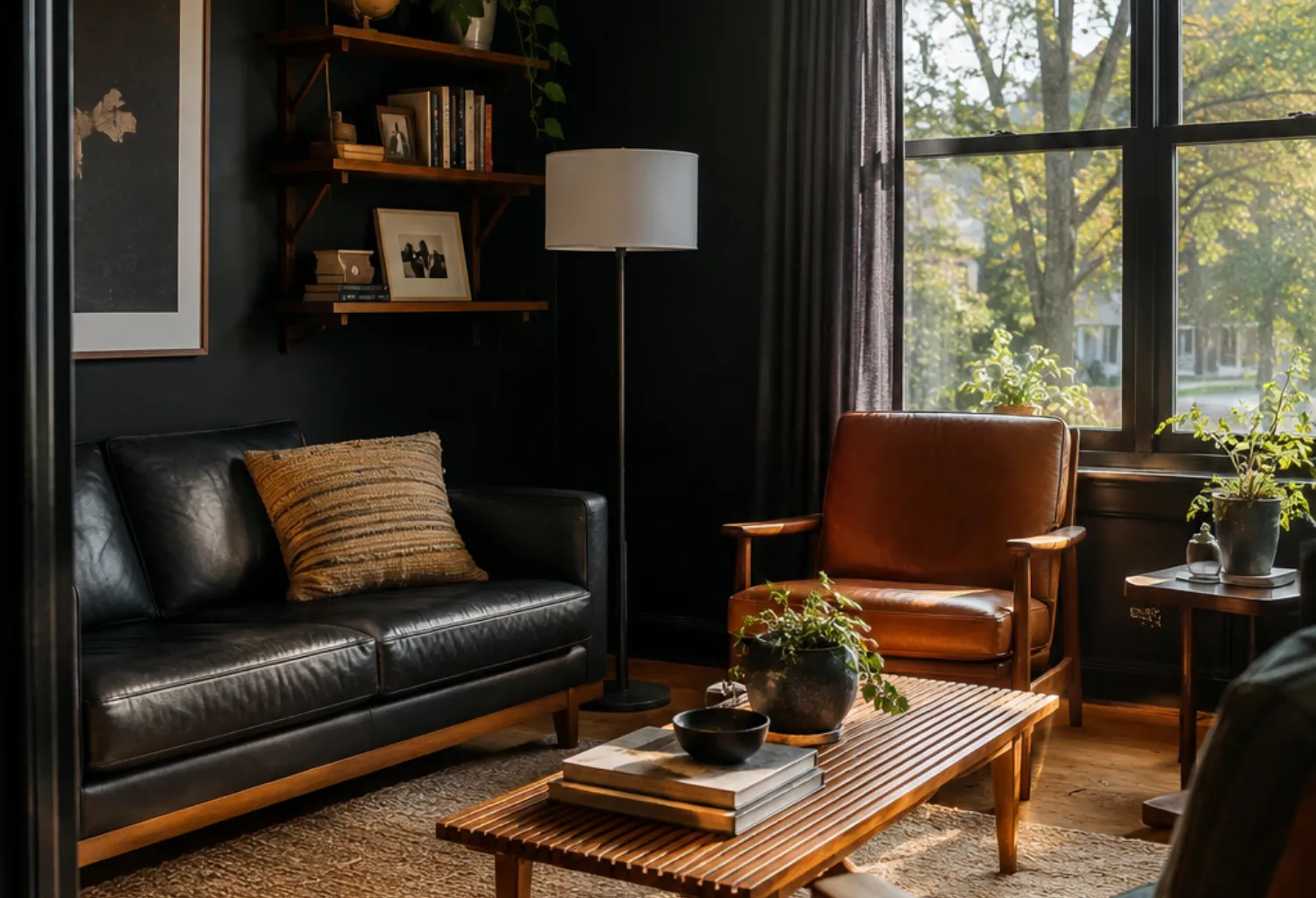 Matte Black Walls With Warm Wood Floors