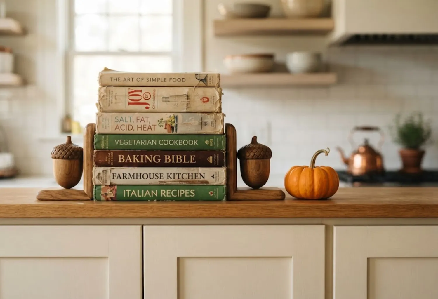 Stacked Cookbooks with Seasonal Bookends