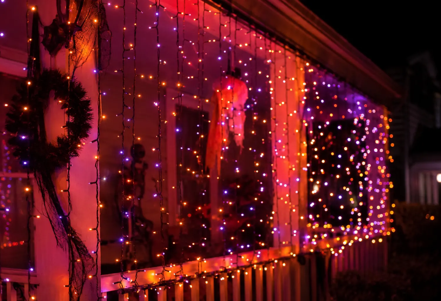 String Light Curtain in Orange and Purple