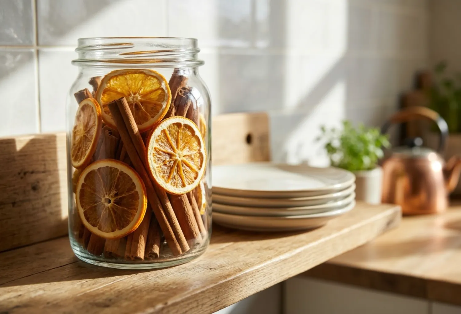 Style with cinnamon sticks or dried orange slices in glass jars