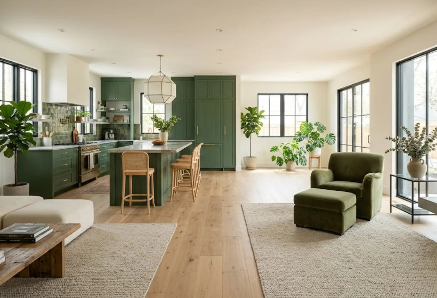 Try a Green Kitchen-Living Room Transition
