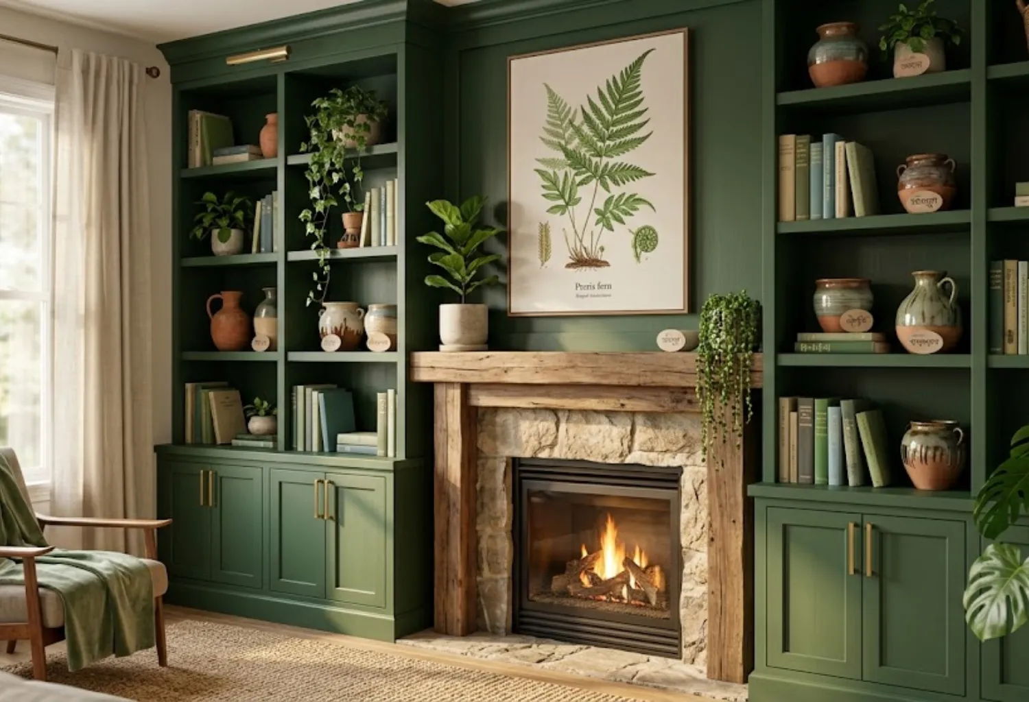 Use Green Built-In Shelving or Cabinetry