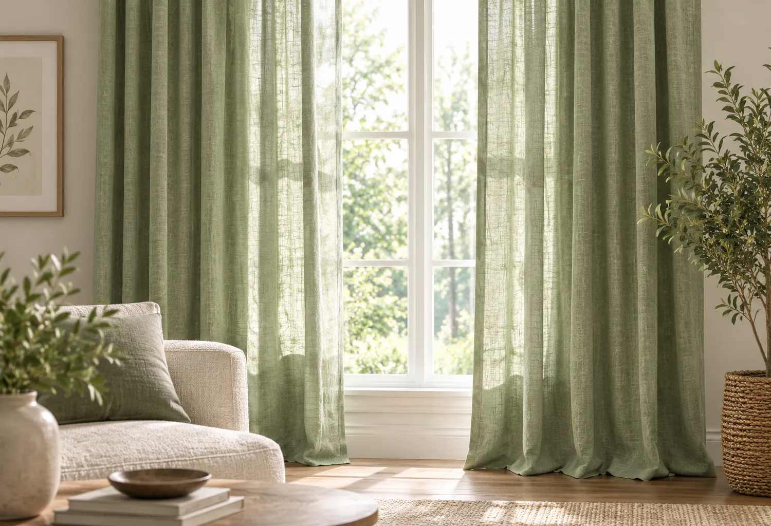 Use Green Curtains to Frame Your Windows