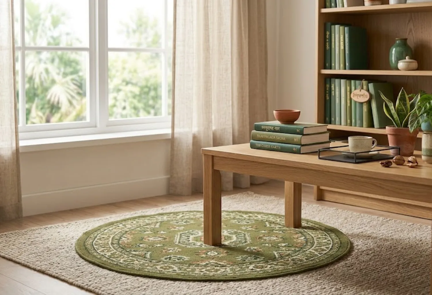 Use a Green Accent Rug Under the Coffee Table