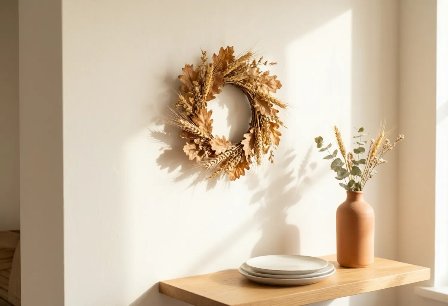 Use a mini wreath or garland above the shelf