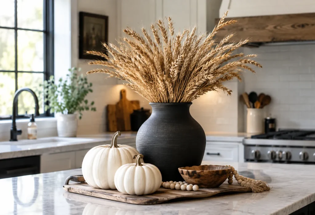 Black Vases With Dried Wheat